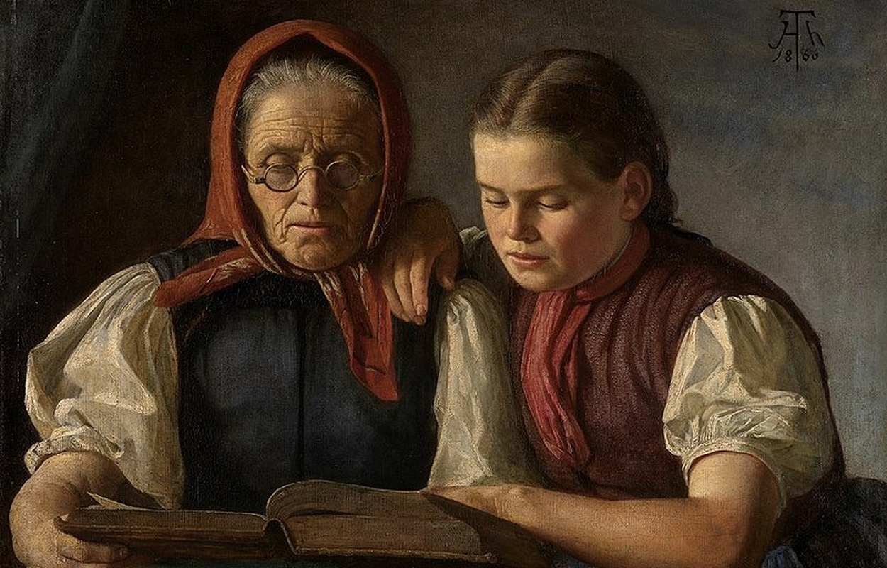 Hans Thoma, Mutter und Schwester in der Bibel lesend, 1866 (C) Staatl. Kunsthalle Karlsruhe